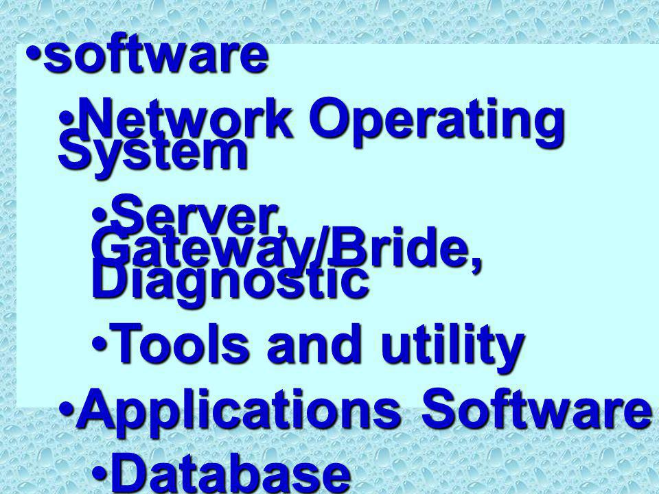 Network Components HardwareHardware –Host Computer, Client Computer –Media –Network Interface Card –Network Equipment : Hub, Switching