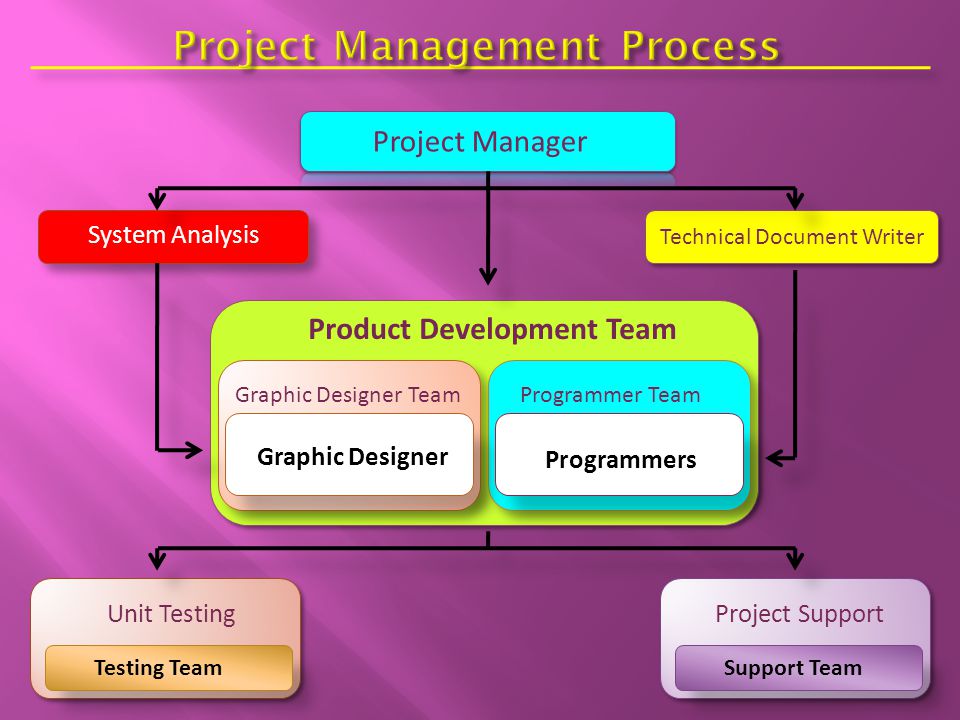 Project Manager System Analysis Technical Document Writer Product Development Team Graphic Designer Team Graphic Designer Programmers Programmer Team Unit Testing Testing Team Project Support Support Team