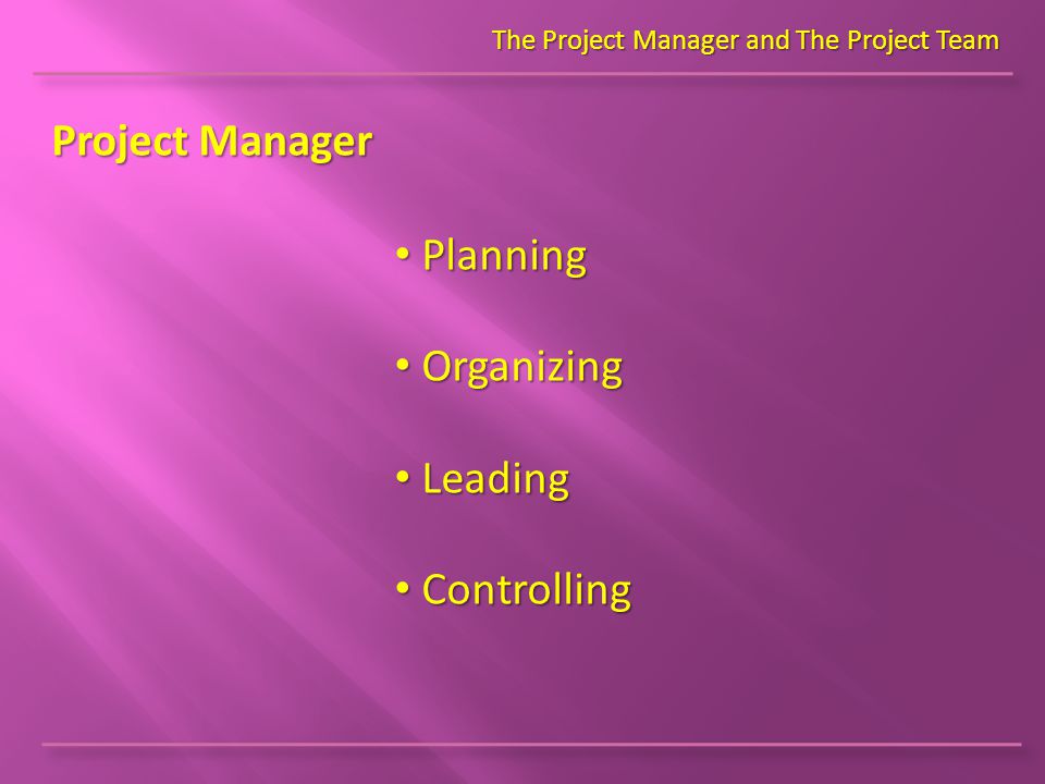 Project Manager The Project Manager and The Project Team Planning Planning Organizing Organizing Leading Leading Controlling Controlling