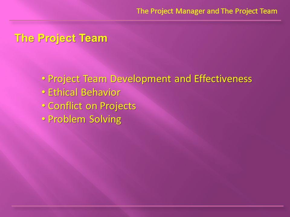 The Project Team The Project Manager and The Project Team Project Team Development and Effectiveness Project Team Development and Effectiveness Ethical Behavior Ethical Behavior Conflict on Projects Conflict on Projects Problem Solving Problem Solving