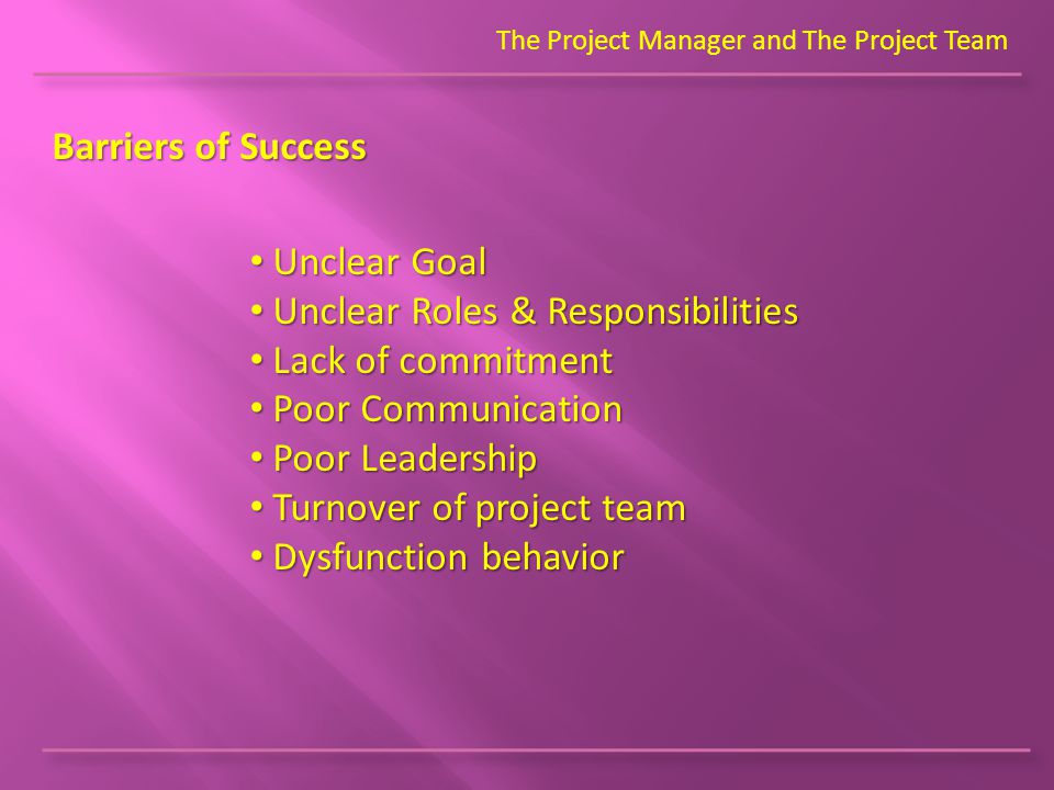 The Project Manager and The Project Team Barriers of Success Unclear Goal Unclear Goal Unclear Roles & Responsibilities Unclear Roles & Responsibilities Lack of commitment Lack of commitment Poor Communication Poor Communication Poor Leadership Poor Leadership Turnover of project team Turnover of project team Dysfunction behavior Dysfunction behavior