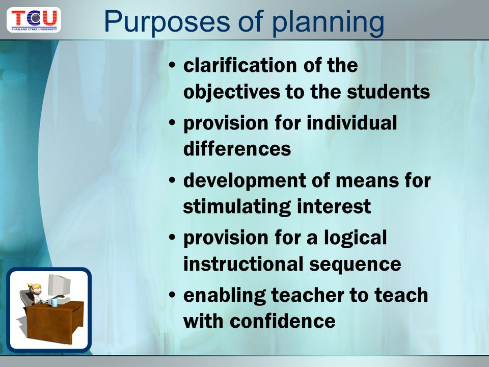 Types of plan Long-range plan for the year/semester Plan of unit of work relating to the larger plan Plan for each day’s work