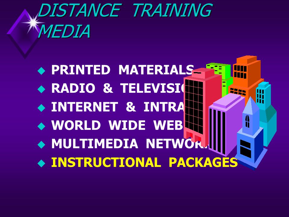 DISTANCE TRAINING MEDIA  PRINTED MATERIALS  RADIO & TELEVISION  INTERNET & INTRANET  WORLD WIDE WEB  MULTIMEDIA NETWORKS  INSTRUCTIONAL PACKAGES