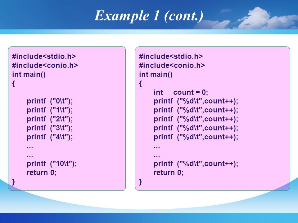 Example 1 (cont.) #include int main() { printf ( 0\t ); printf ( 1\t ); printf ( 2\t ); printf ( 3\t ); printf ( 4\t );...