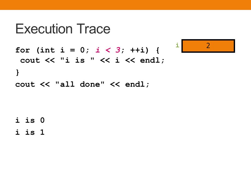 Execution Trace for (int i = 0; i < 3; ++i) { cout << i is << i << endl; } cout << all done << endl; i is 0 i is 1 i 2