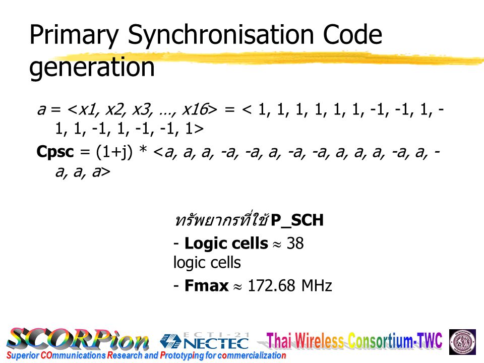 Superior COmmunications Research and Prototyping for commercialization Primary Synchronisation Code generation a = = Cpsc = (1+j) * ทรัพยากรที่ใช้ P_SCH - Logic cells  38 logic cells - Fmax  MHz