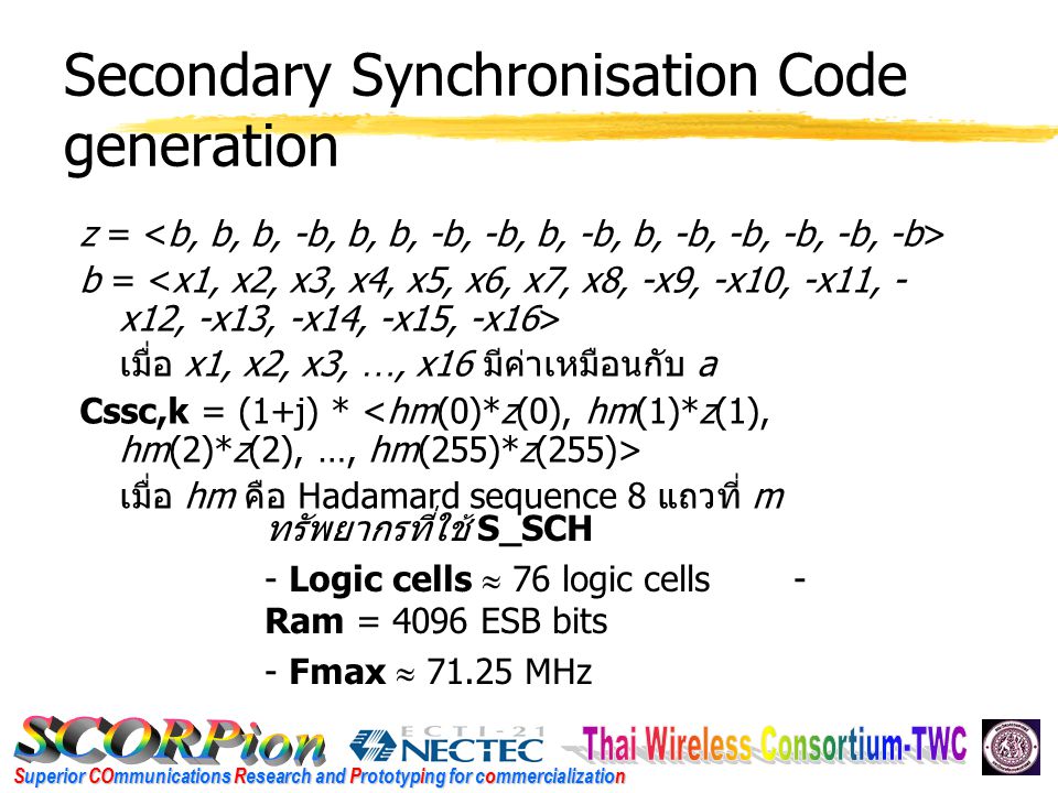 Superior COmmunications Research and Prototyping for commercialization Secondary Synchronisation Code generation z = b = เมื่อ x1, x2, x3, …, x16 มีค่าเหมือนกับ a Cssc,k = (1+j) * เมื่อ hm คือ Hadamard sequence 8 แถวที่ m ทรัพยากรที่ใช้ S_SCH - Logic cells  76 logic cells - Ram = 4096 ESB bits - Fmax  MHz