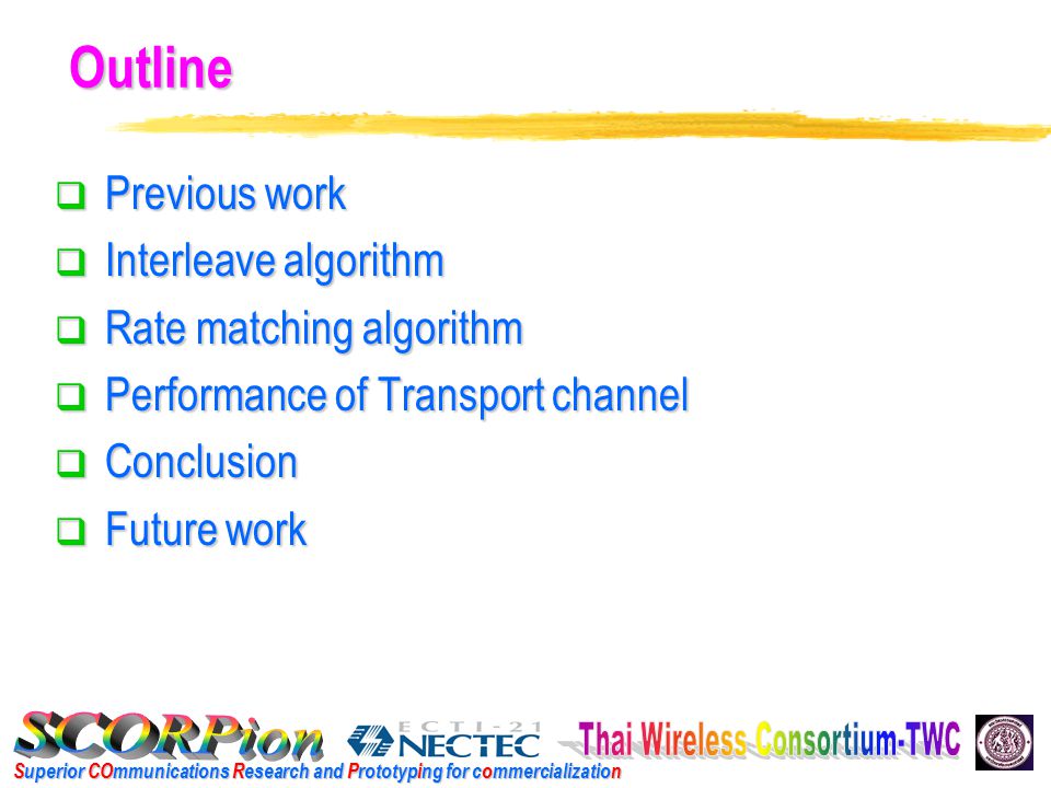 Superior COmmunications Research and Prototyping for commercialization Outline  Previous work  Interleave algorithm  Rate matching algorithm  Performance of Transport channel  Conclusion  Future work