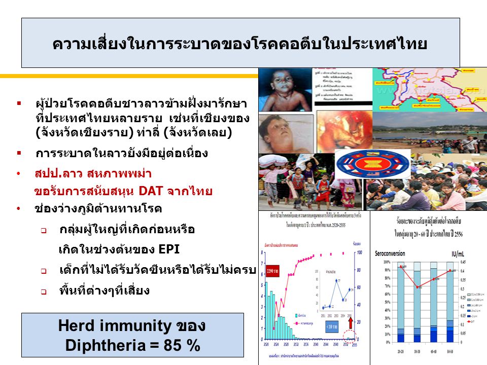  ผู้ป่วยโรคคอตีบชาวลาวข้ามฝั่งมารักษา ที่ประเทศไทยหลายราย เช่นที่เชียงของ (จังหวัดเชียงราย) ท่าลี่ (จังหวัดเลย)  การระบาดในลาวยังมีอยู่ต่อเนื่อง สปป.ลาว สหภาพพม่า ขอรับการสนับสนุน DAT จากไทย ช่องว่างภูมิต้านทานโรค  กลุ่มผู้ใหญ่ที่เกิดก่อนหรือ เกิดในช่วงต้นของ EPI  เด็กที่ไม่ได้รับวัคซีนหรือได้รับไม่ครบ  พื้นที่ต่างๆที่เสี่ยง Herd immunity ของ Diphtheria = 85 % ความเสี่ยงในการระบาดของโรคคอตีบในประเทศไทย