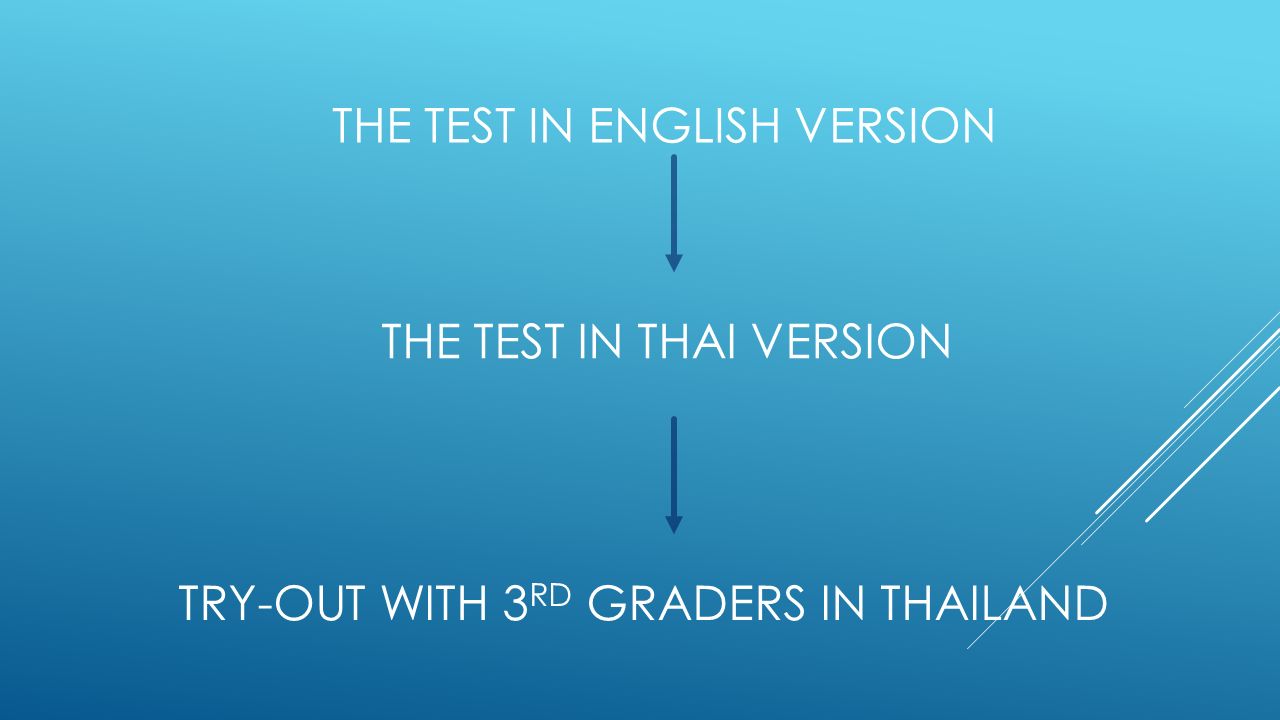 THE TEST IN ENGLISH VERSION THE TEST IN THAI VERSION TRY-OUT WITH 3 RD GRADERS IN THAILAND