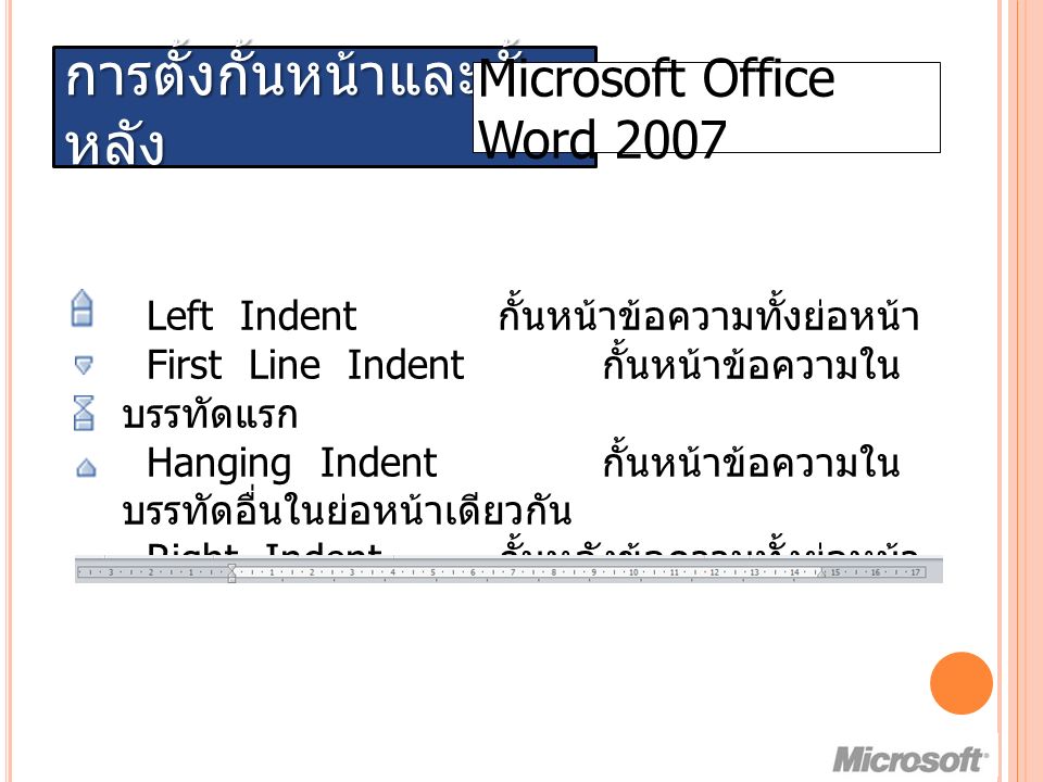 การตั้งกั้นหน้าและกั้น หลัง Microsoft Office Word 2007 Left Indent กั้นหน้าข้อความทั้งย่อหน้า First Line Indent กั้นหน้าข้อความใน บรรทัดแรก Hanging Indent กั้นหน้าข้อความใน บรรทัดอื่นในย่อหน้าเดียวกัน Right Indent กั้นหลังข้อความทั้งย่อหน้า