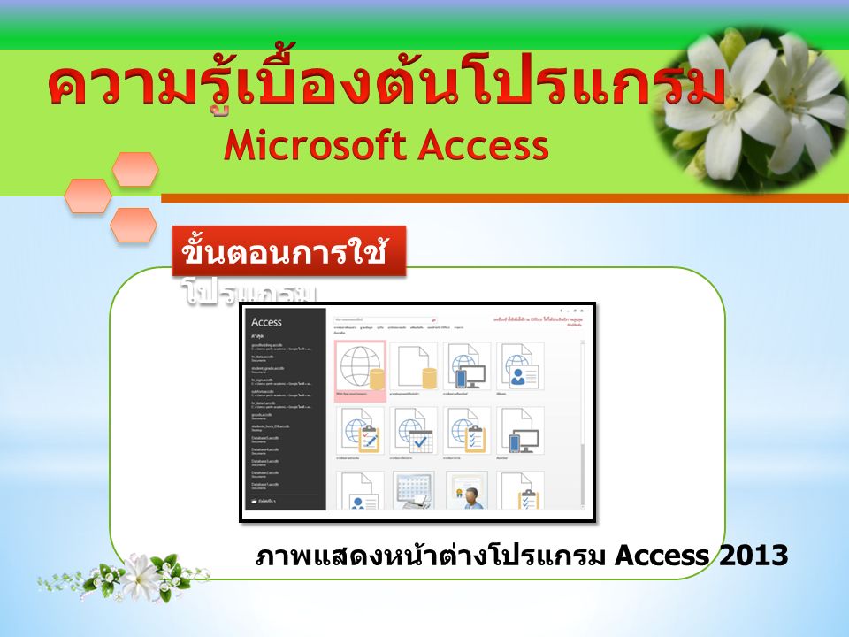 ขั้นตอนการใช้ โปรแกรม ภาพแสดงหน้าต่างโปรแกรม Access 2013