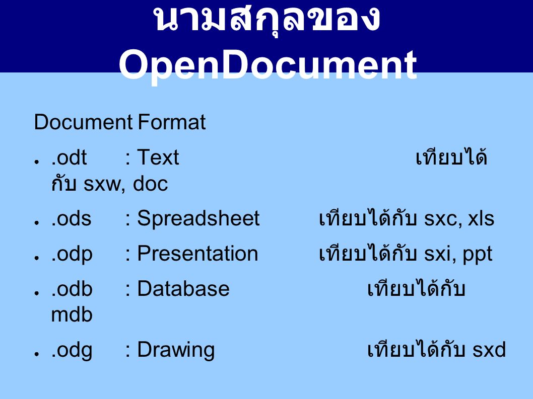 นามสกุลของ OpenDocument Document Format ●.odt: Text เทียบได้ กับ sxw, doc ●.ods: Spreadsheet เทียบได้กับ sxc, xls ●.odp: Presentation เทียบได้กับ sxi, ppt ●.odb: Database เทียบได้กับ mdb ●.odg: Drawing เทียบได้กับ sxd