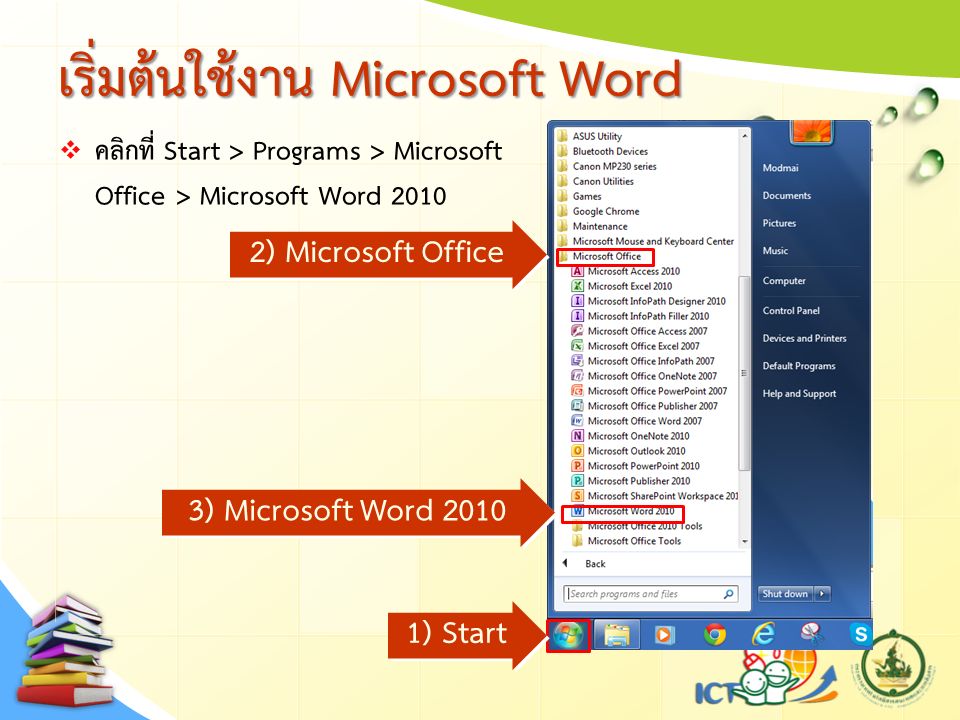 เริ่มต้นใช้งาน Microsoft Word  คลิกที่ Start > Programs > Microsoft Office > Microsoft Word ) Start 3) Microsoft Word ) Microsoft Office