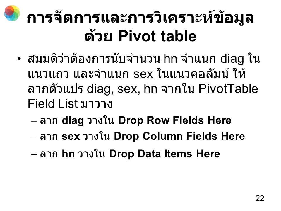 การจัดการและการวิเคราะห์ข้อมูล ด้วย Pivot table สมมติว่าต้องการนับจำนวน hn จำแนก diag ใน แนวแถว และจำแนก sex ในแนวคอลัมน์ ให้ ลากตัวแปร diag, sex, hn จากใน PivotTable Field List มาวาง – ลาก diag วางใน Drop Row Fields Here – ลาก sex วางใน Drop Column Fields Here – ลาก hn วางใน Drop Data Items Here 22