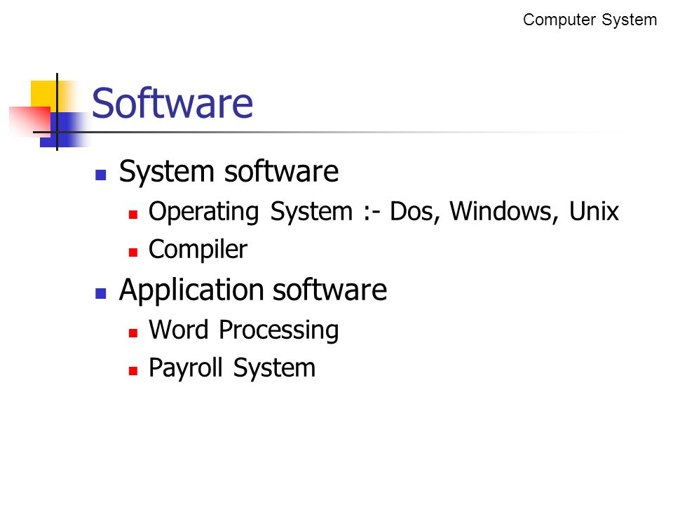 System software Operating System :- Dos, Windows, Unix Compiler Application software Word Processing Payroll System Software Computer System