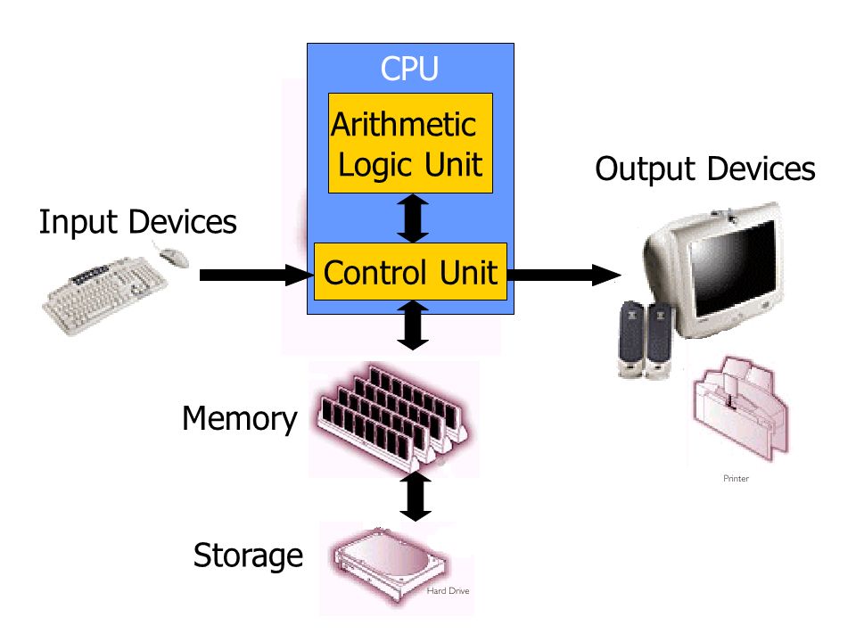 Input Devices Output Devices Memory Storage CPU Arithmetic Logic Unit Control Unit