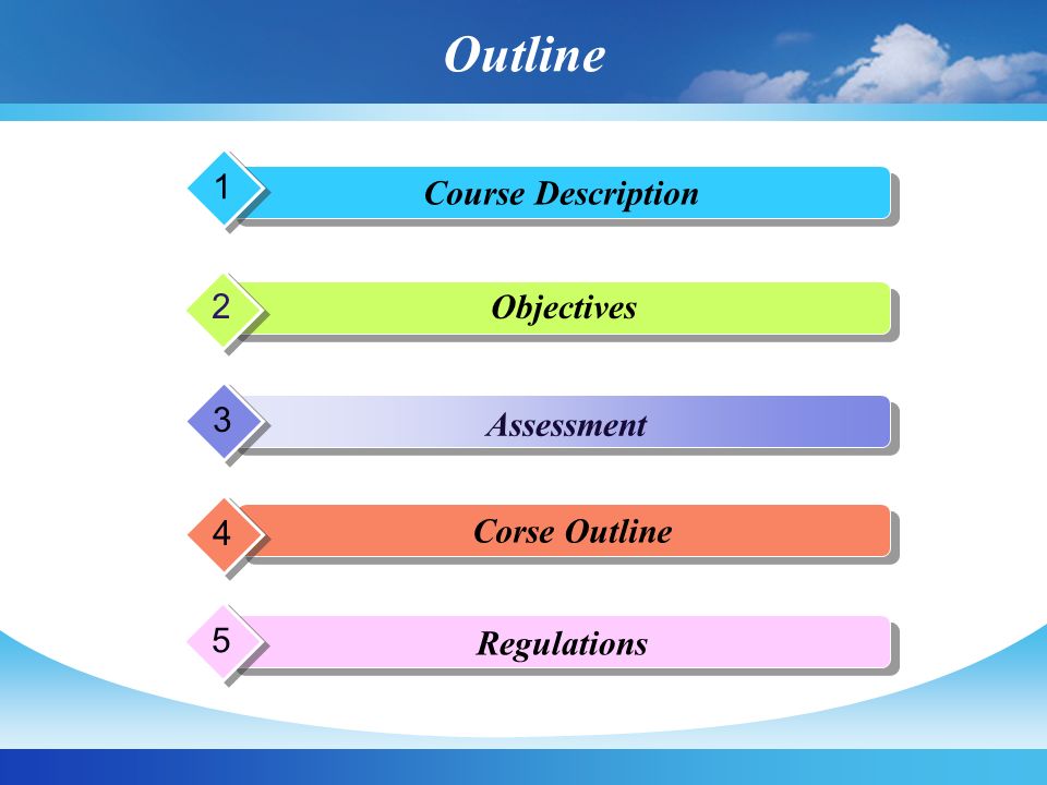 Outline Course Description 1 p p 2 Assessment 3 Corse Outline 4 Regulations 5 Objectives
