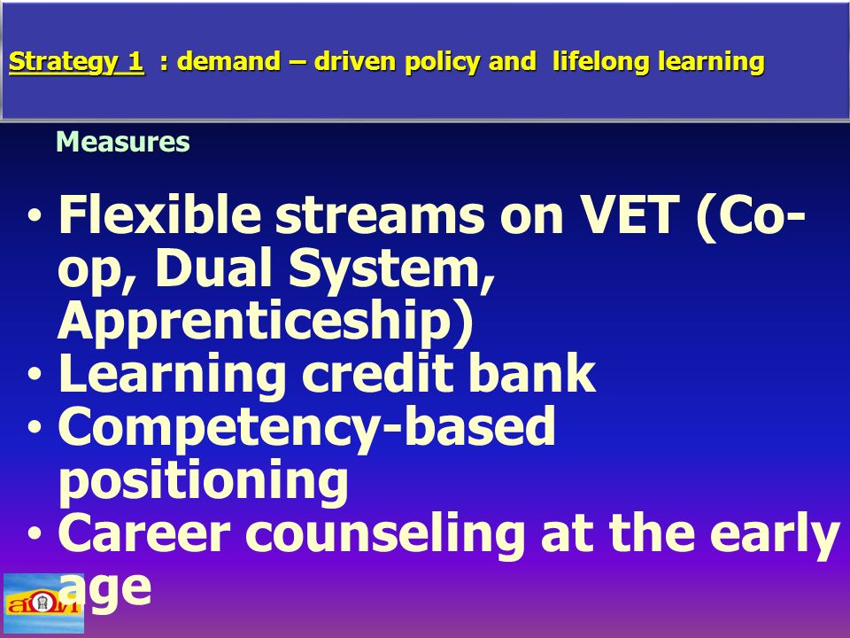 Strategy 1 : demand – driven policy and lifelong learning Measures Flexible streams on VET (Co- op, Dual System, Apprenticeship) Learning credit bank Competency-based positioning Career counseling at the early age