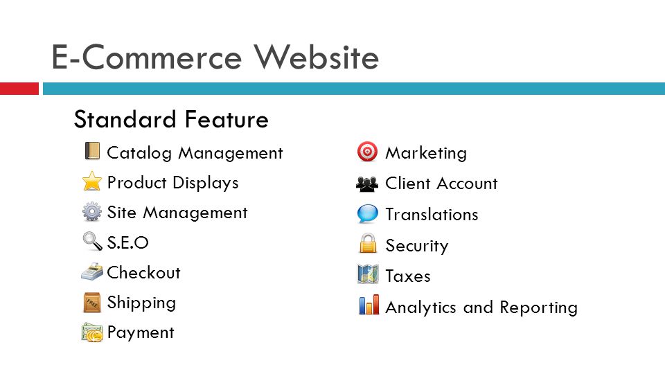 Standard Feature Catalog Management Product Displays Site Management S.E.O Checkout Shipping Payment Marketing Client Account Translations Security Taxes Analytics and Reporting E-Commerce Website