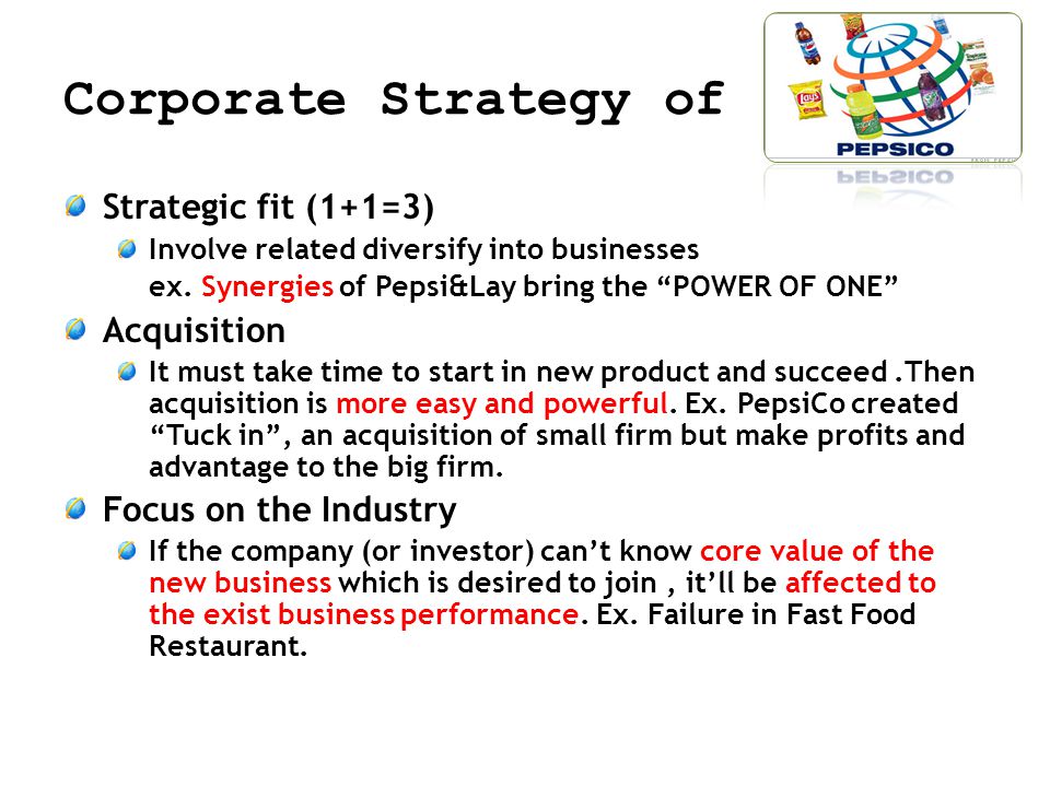 Corporate Strategy of Strategic fit (1+1=3) Involve related diversify into businesses ex.