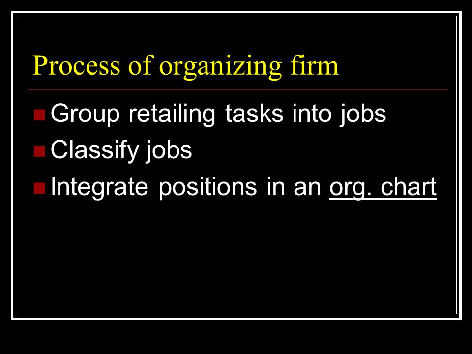 Process of organizing firm  Group retailing tasks into jobs  Classify jobs  Integrate positions in an org.