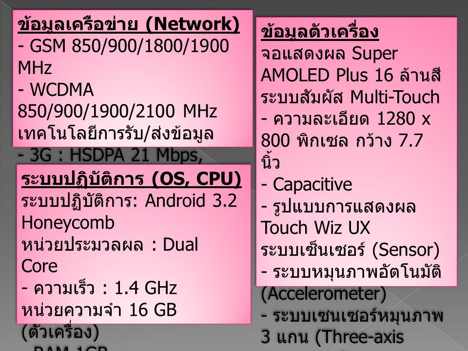 ข้อมูลเครือข่าย (Network) - GSM 850/900/1800/1900 MHz - WCDMA 850/900/1900/2100 MHz เทคโนโลยีการรับ / ส่งข้อมูล - 3G : HSDPA 21 Mbps, HSUPA 5.76 Mbps - 4G ข้อมูลเครือข่าย (Network) - GSM 850/900/1800/1900 MHz - WCDMA 850/900/1900/2100 MHz เทคโนโลยีการรับ / ส่งข้อมูล - 3G : HSDPA 21 Mbps, HSUPA 5.76 Mbps - 4G ข้อมูลตัวเครื่อง จอแสดงผล Super AMOLED Plus 16 ล้านสี ระบบสัมผัส Multi-Touch - ความละเอียด 1280 x 800 พิกเซล กว้าง 7.7 นิ้ว - Capacitive - รูปแบบการแสดงผล Touch Wiz UX ระบบเซ็นเซอร์ (Sensor) - ระบบหมุนภาพอัตโนมัติ (Accelerometer) - ระบบเซนเซอร์หมุนภาพ 3 แกน (Three-axis gyroscope) ข้อมูลตัวเครื่อง จอแสดงผล Super AMOLED Plus 16 ล้านสี ระบบสัมผัส Multi-Touch - ความละเอียด 1280 x 800 พิกเซล กว้าง 7.7 นิ้ว - Capacitive - รูปแบบการแสดงผล Touch Wiz UX ระบบเซ็นเซอร์ (Sensor) - ระบบหมุนภาพอัตโนมัติ (Accelerometer) - ระบบเซนเซอร์หมุนภาพ 3 แกน (Three-axis gyroscope) ระบบปฏิบัติการ (OS, CPU) ระบบปฏิบัติการ : Android 3.2 Honeycomb หน่วยประมวลผล : Dual Core - ความเร็ว : 1.4 GHz หน่วยความจำ 16 GB ( ตัวเครื่อง ) - RAM 1GB การ์ดหน่วยความจำ microSD - สูงสุด 32 GB ระบบปฏิบัติการ (OS, CPU) ระบบปฏิบัติการ : Android 3.2 Honeycomb หน่วยประมวลผล : Dual Core - ความเร็ว : 1.4 GHz หน่วยความจำ 16 GB ( ตัวเครื่อง ) - RAM 1GB การ์ดหน่วยความจำ microSD - สูงสุด 32 GB