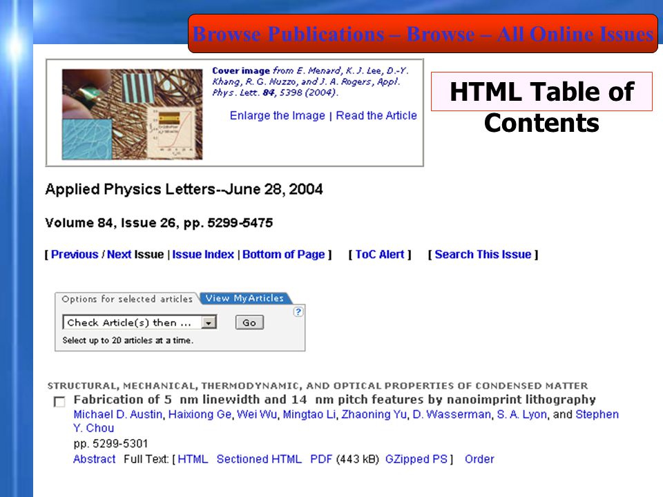 Browse Publications – Browse – All Online Issues HTML Table of Contents