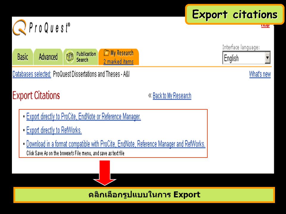 คลิกเลือกรูปแบบในการ Export Export citations