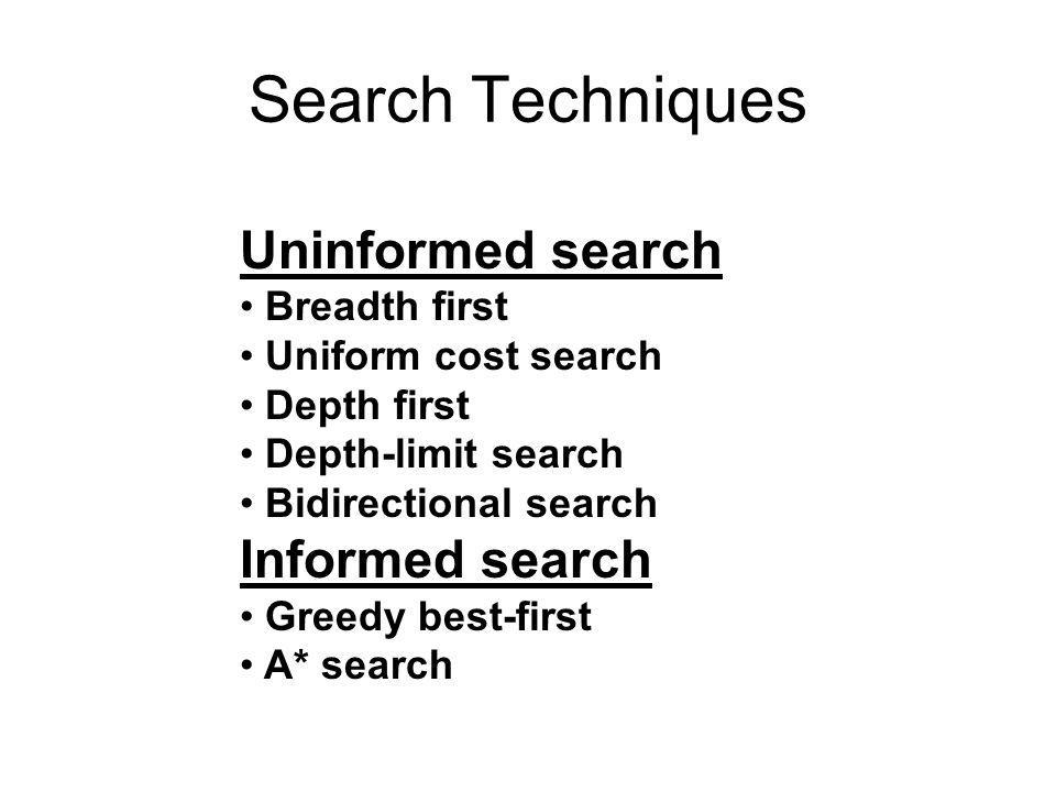 Search Techniques Uninformed search • Breadth first • Uniform cost search • Depth first • Depth-limit search • Bidirectional search Informed search • Greedy best-first • A* search