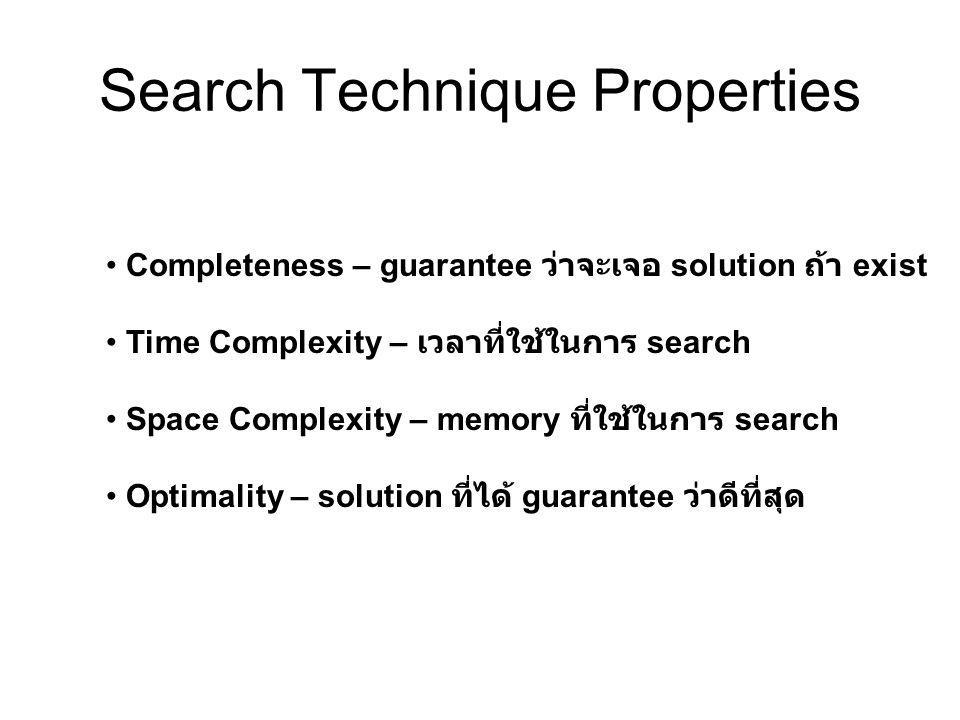 Search Technique Properties • Completeness – guarantee ว่าจะเจอ solution ถ้า exist • Time Complexity – เวลาที่ใช้ในการ search • Space Complexity – memory ที่ใช้ในการ search • Optimality – solution ที่ได้ guarantee ว่าดีที่สุด