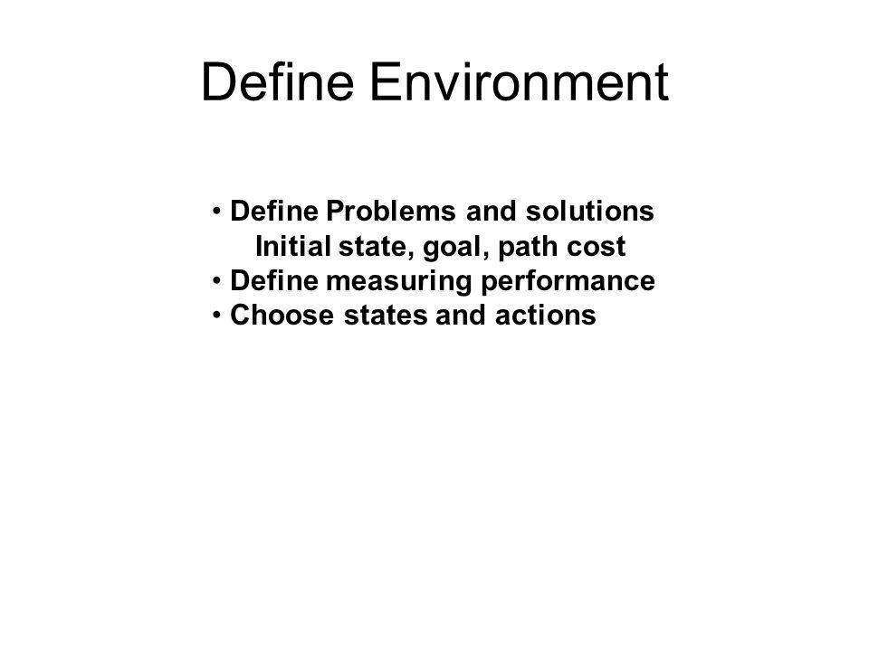 Define Environment • Define Problems and solutions Initial state, goal, path cost • Define measuring performance • Choose states and actions