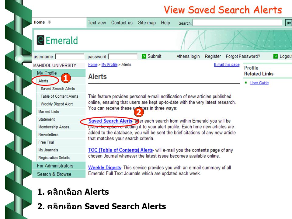 View Saved Search Alerts 1. คลิกเลือก Alerts 1 2. คลิกเลือก Saved Search Alerts 2