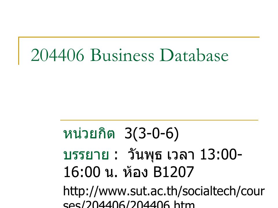 Business Database หน่วยกิต 3(3-0-6) บรรยาย : วันพุธ เวลา 13:00- 16:00 น.