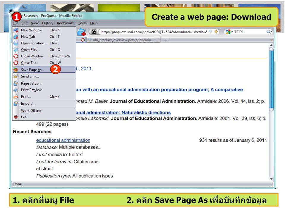 1 1. คลิกที่เมนู File 2. คลิก Save Page As เพื่อบันทึกข้อมูล Create a web page: Download 2