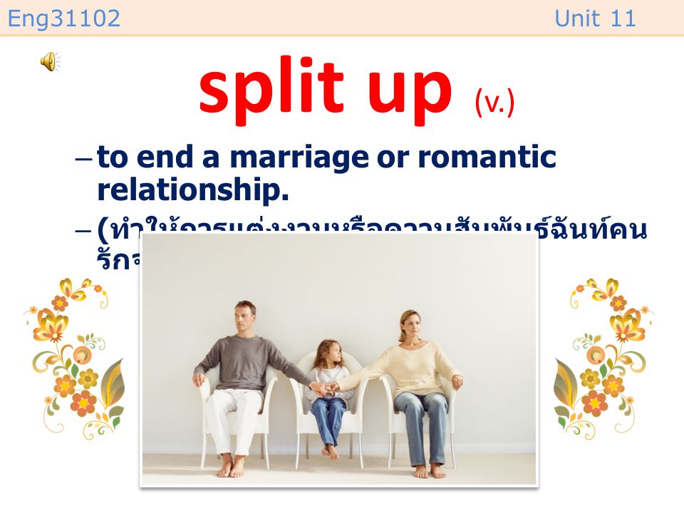 Eng31102Unit 11 separate (v.) /ˈseprət/ –to start to live apart from your husband, wife or sexual partner.