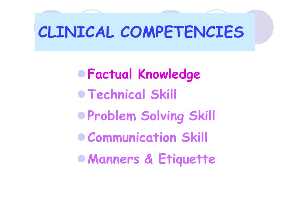 CLINICAL COMPETENCIES  Factual Knowledge  Technical Skill  Problem Solving Skill  Communication Skill  Manners & Etiquette