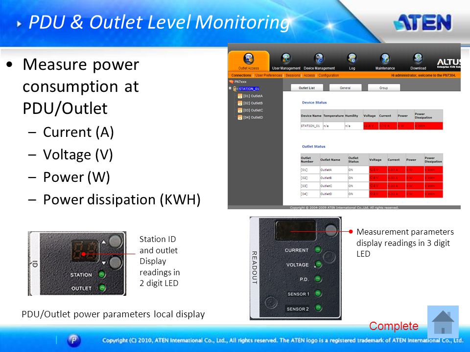 PDU & Outlet Level Monitoring •Measure power consumption at PDU/Outlet –Current (A) –Voltage (V) –Power (W) –Power dissipation (KWH) Measurement parameters display readings in 3 digit LED PDU/Outlet power UI display PDU/Outlet power parameters local display Station ID and outlet Display readings in 2 digit LED Complete
