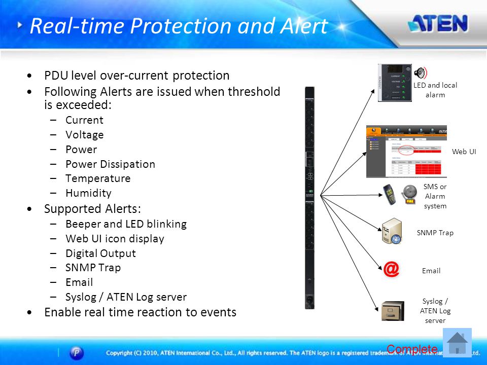 Real-time Protection and Alert •PDU level over-current protection •Following Alerts are issued when threshold is exceeded: –Current –Voltage –Power –Power Dissipation –Temperature –Humidity •Supported Alerts: –Beeper and LED blinking –Web UI icon display –Digital Output –SNMP Trap – –Syslog / ATEN Log server •Enable real time reaction to events Syslog / ATEN Log server  SNMP Trap SMS or Alarm system Web UI LED and local alarm Complete