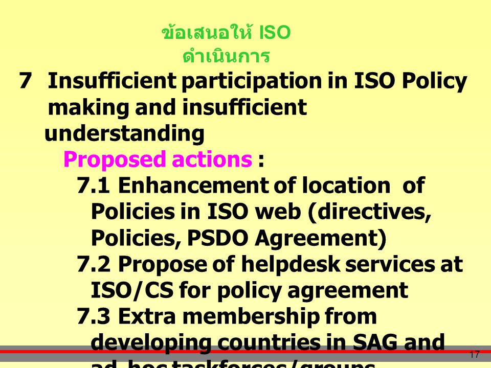 17 ข้อเสนอให้ ISO ดำเนินการ 7Insufficient participation in ISO Policy making and insufficient understanding Proposed actions : 7.1 Enhancement of location of Policies in ISO web (directives, Policies, PSDO Agreement) 7.2 Propose of helpdesk services at ISO/CS for policy agreement 7.3 Extra membership from developing countries in SAG and ad-hoc taskforces/groups
