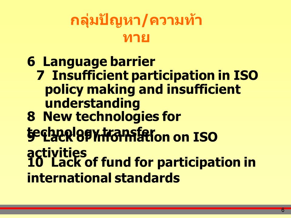 6 กลุ่มปัญหา / ความท้า ทาย 7 Insufficient participation in ISO policy making and insufficient understanding 6 Language barrier 8 New technologies for technology transfer 9 Lack of information on ISO activities 10 Lack of fund for participation in international standards