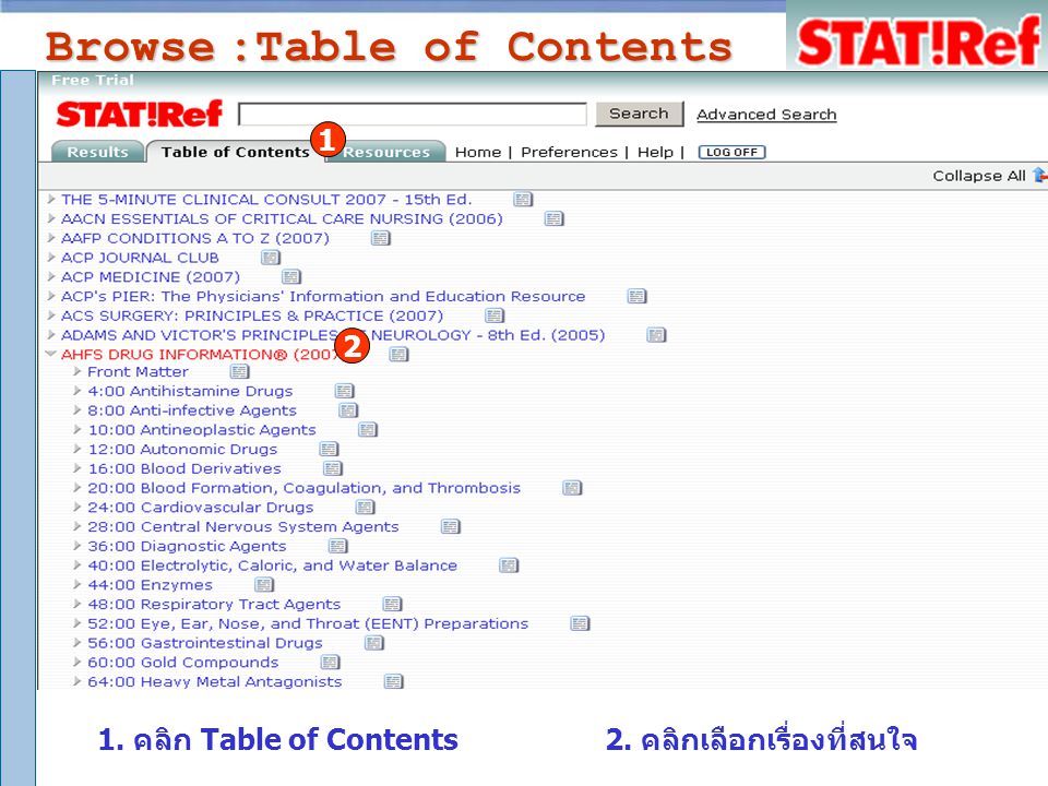 Browse :Table of Contents 1. คลิก Table of Contents2. คลิกเลือกเรื่องที่สนใจ 1 2