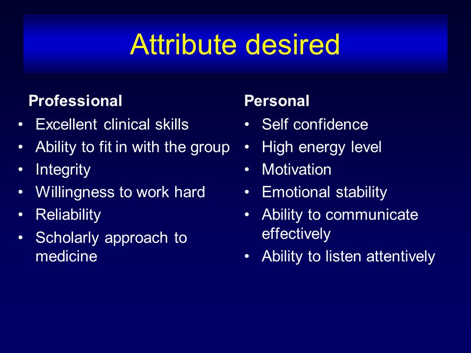 Attribute desired Professional Excellent clinical skills Ability to fit in with the group Integrity Willingness to work hard Reliability Scholarly approach to medicine Personal Self confidence High energy level Motivation Emotional stability Ability to communicate effectively Ability to listen attentively