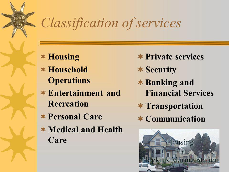 Classification of services  Housing  Household Operations  Entertainment and Recreation  Personal Care  Medical and Health Care  Private services  Security  Banking and Financial Services  Transportation  Communication