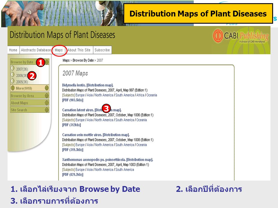 Distribution Maps of Plant Diseases 1. เลือกไล่เรียงจาก Browse by Date2.