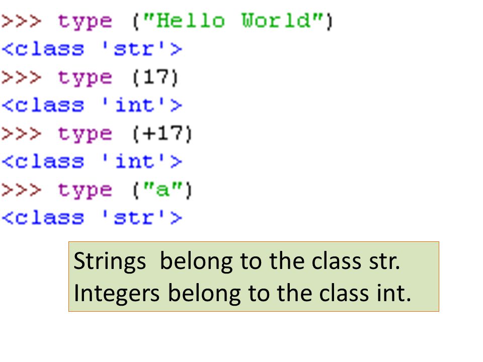 Strings belong to the class str. Integers belong to the class int.