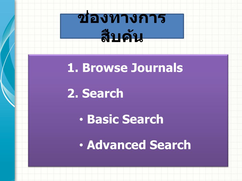 1. Browse Journals 2. Search Basic Search Advanced Search 1.