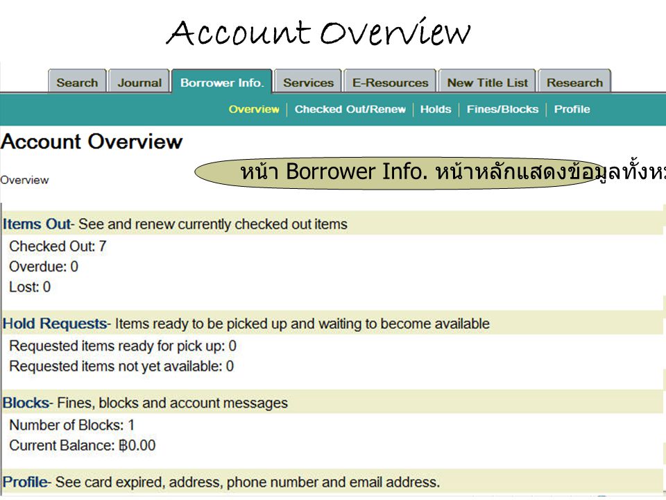 Account Overview หน้า Borrower Info. หน้าหลักแสดงข้อมูลทั้งหมด