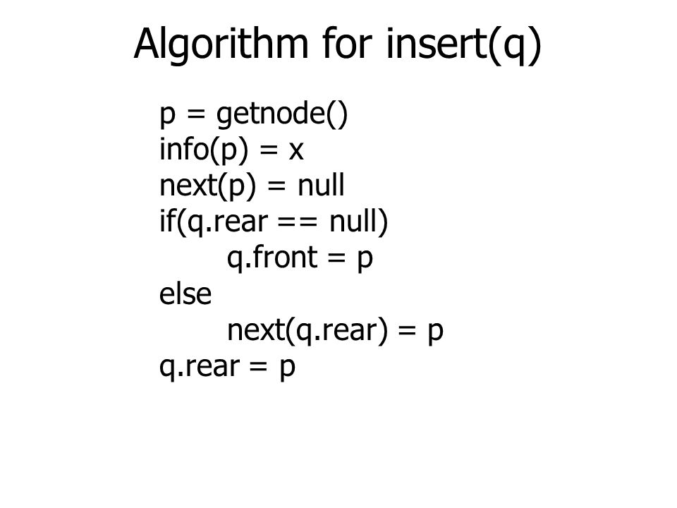 Algorithm for insert(q) p = getnode() info(p) = x next(p) = null if(q.rear == null) q.front = p else next(q.rear) = p q.rear = p