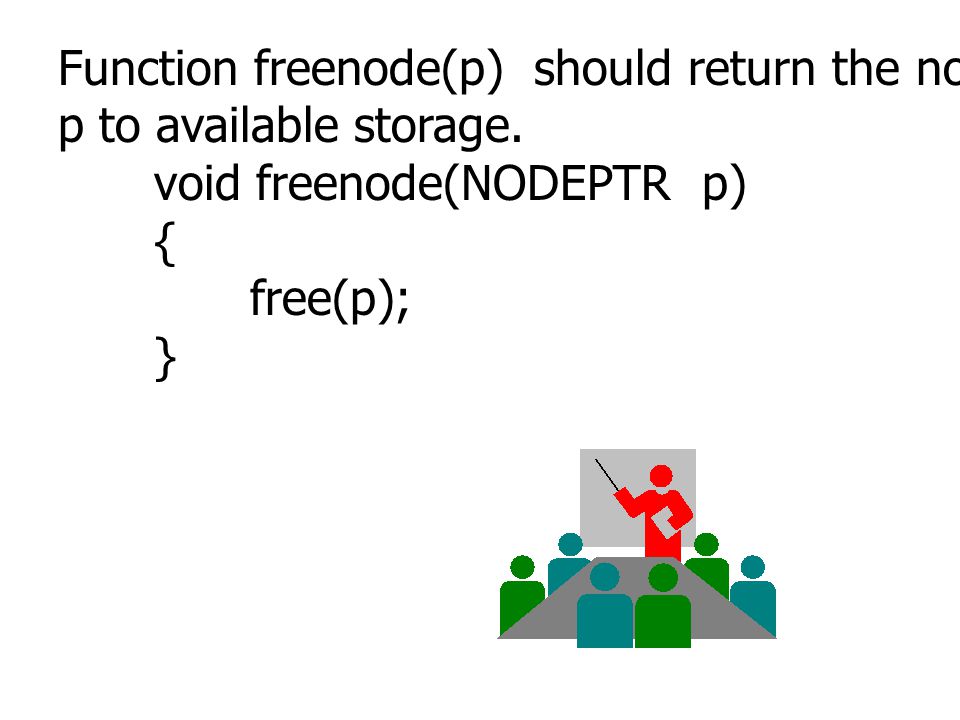 Function freenode(p) should return the node whose address is at p to available storage.